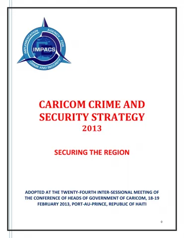Cover page of the CARICOM Crime and Security Strategy 2013 document focused on regional security and crime prevention.