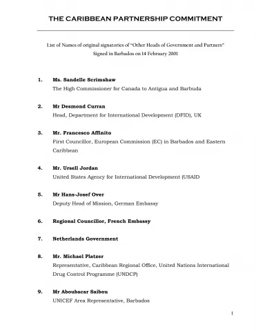 Document listing original signatories to The Caribbean Partnership Commitment on HIV/AIDS.