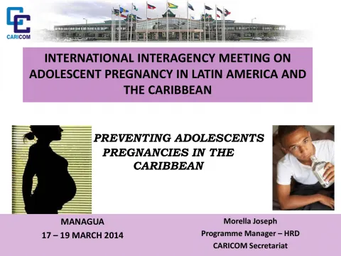 Cover slide of CARICOM presentation on preventing adolescent pregnancies in the Caribbean.