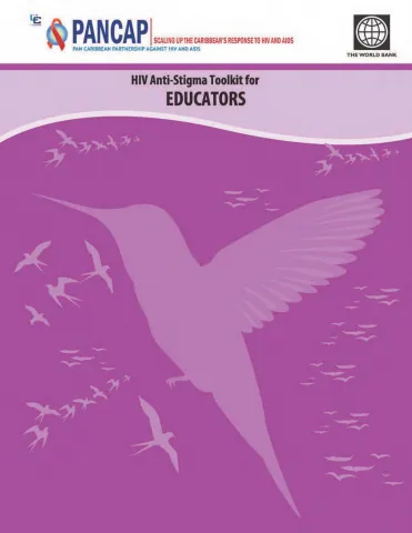 Cover of PANCAP HIV Anti-Stigma Toolkit for Educators featuring purple Caribbean-themed design and bird graphic.
