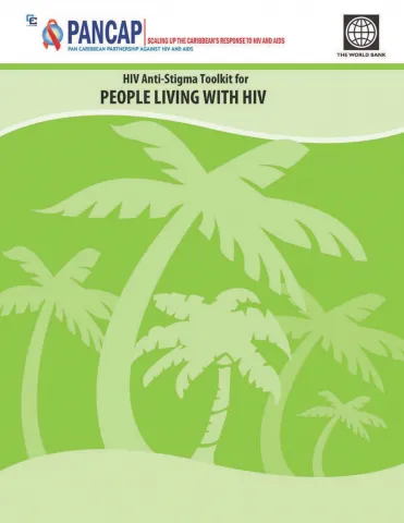 Cover of PANCAP HIV Anti-Stigma Toolkit for People Living with HIV with green Caribbean-themed design.